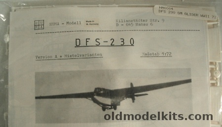 Huma Model 1/72 DFS-230 Glider - Bagged plastic model kit